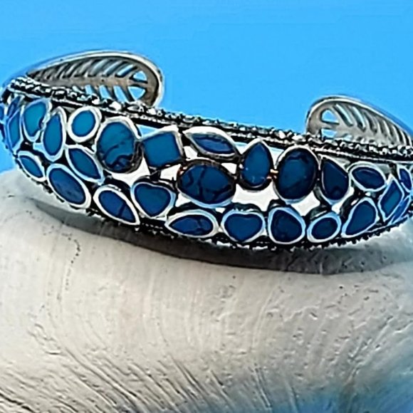 Natural Stabilized Blue Turquoise 7x5 mm & Marcasite 925 Sterling Silver Bangle - Picture 9 of 10
